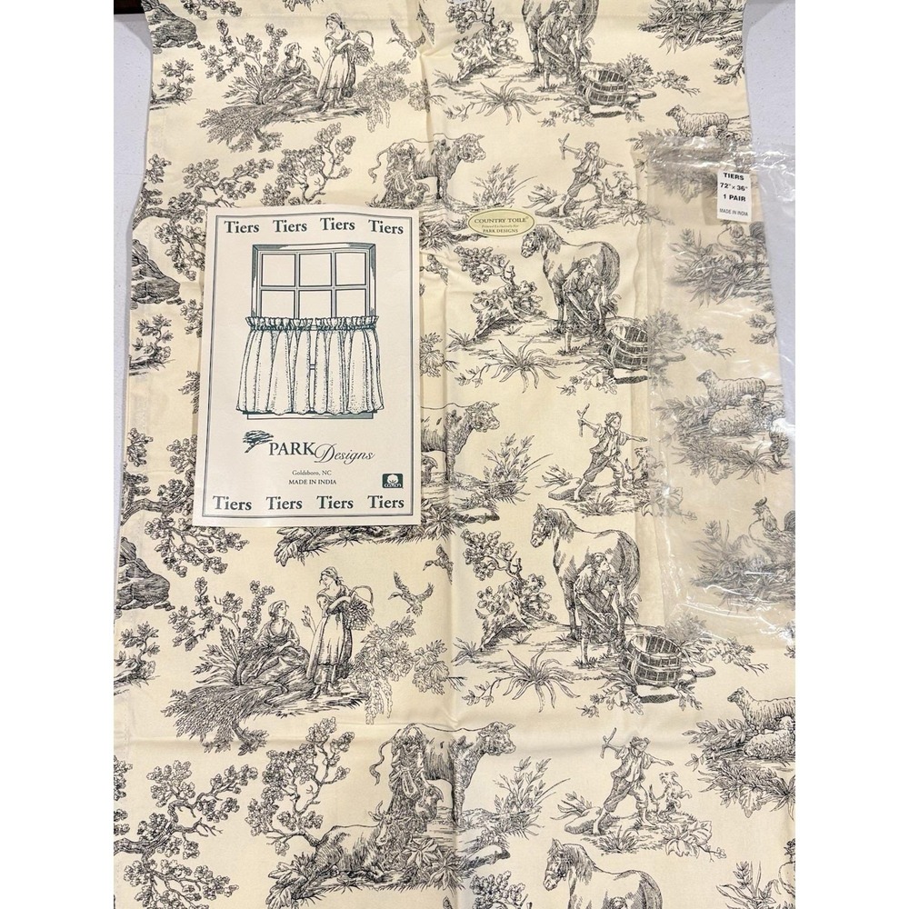 Park Design Country Toile de Jouy Tier Black & Cream Curtain Set 72" X 36" *New*